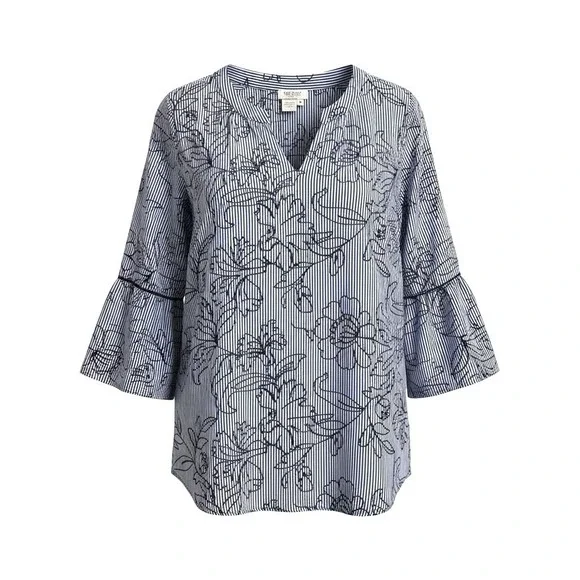 Tru Luxe Jeans XL Top Striped Floral Embroidered Pullover Boho-Chic Blouse - Picture 6 of 14